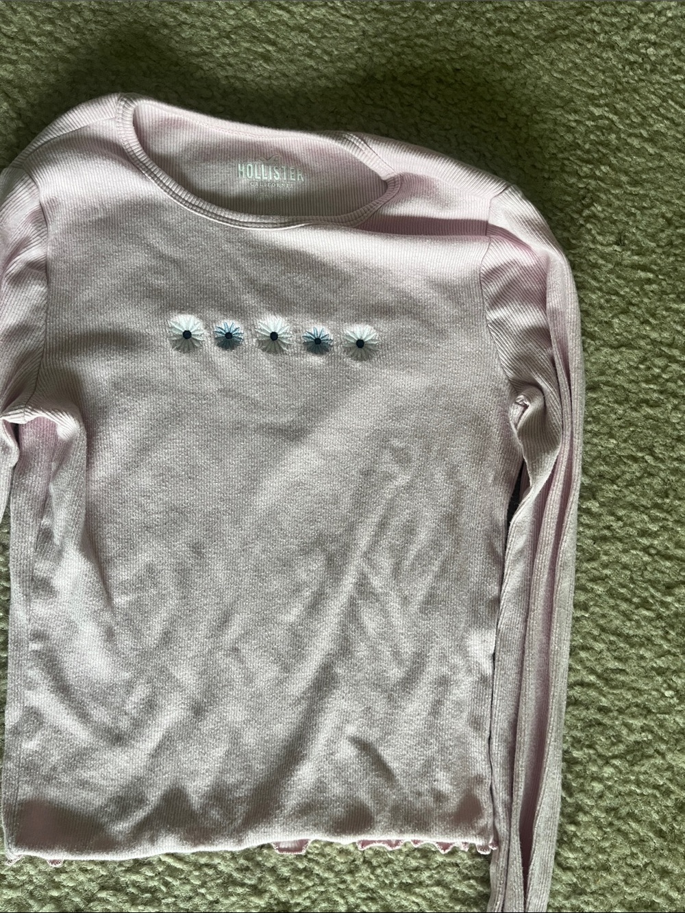 Hollister Light Pink Long Sleeve Tee with Small Floral Embellishments